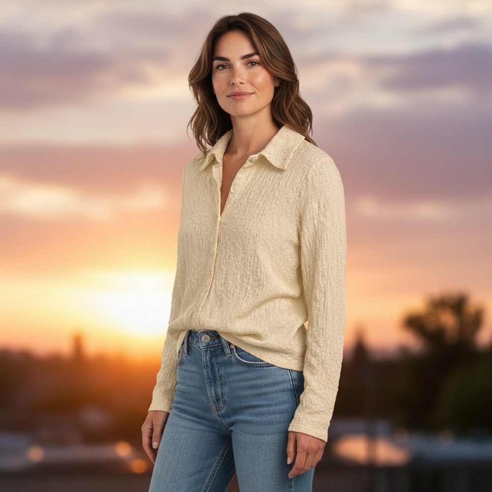 Mango Crinkled Beige Button-Down Shirt